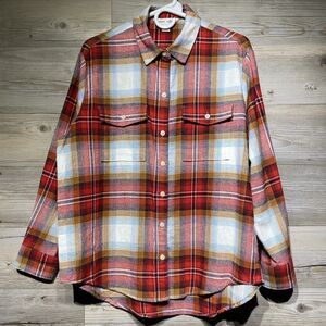 Old Navy The Boyfriend Shirt Flannel Womens Small Red Multicolor Plaid Button Up